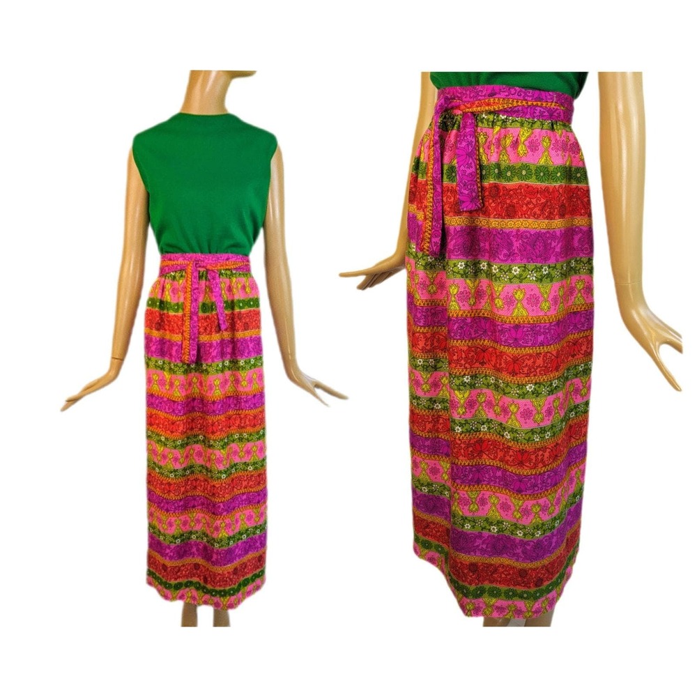 Vintage Alice of California neon floral psychedelic wrap skirt 60s dayglo maxi